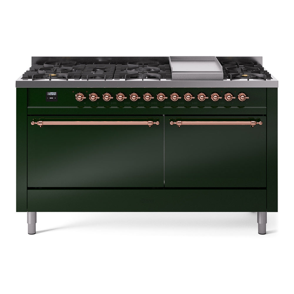 ILVE Nostalgie II 60-Inch Natural Gas Dual Fuel Range, 9 Burners, Griddle, Solid Door, Emerald Green with Copper Trim (UP60FQNMPEGP)