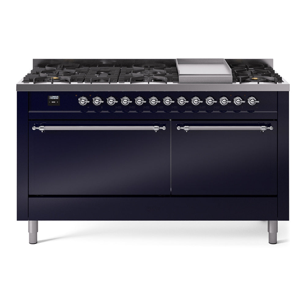 ILVE Nostalgie II 60-Inch Natural Gas Dual Fuel Range, 9 Burners, Griddle, Solid Door, Midnight Blue with Chrome Trim (UP60FQNMPMBC)