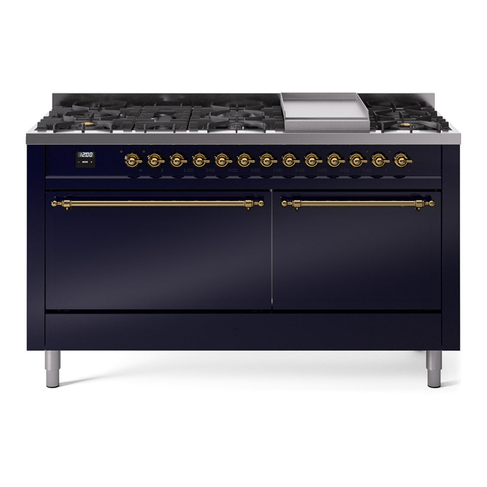 ILVE Nostalgie II 60-Inch Propane Dual Fuel Range, 9 Burners, Griddle, Solid Door Oven, Midnight Blue with Brass Trim (UP60FQNMPMBGLP)