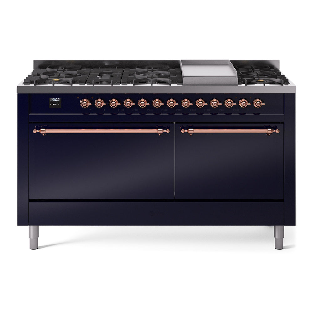 ILVE Nostalgie II 60-Inch Propane Dual Fuel Range, 9 Burners, Griddle, Solid Door Oven, Midnight Blue with Copper Trim (UP60FQNMPMBPLP)