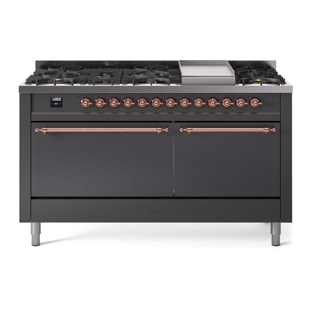 ILVE Nostalgie II 60-Inch Natural Gas Dual Fuel Range, 9 Burners, Griddle, Solid Door, Matte Graphite with Copper Trim (UP60FQNMPMGP)