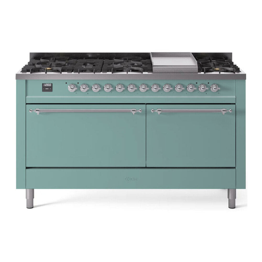 ILVE Nostalgie II 60-Inch Natural Gas Dual Fuel Range, 9 Burners, Griddle, Solid Door, Mediterranean Mint with Chrome Trim (UP60FQNMPMMC)