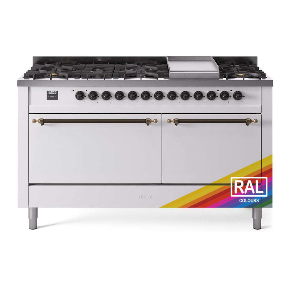 ILVE Nostalgie II 60-Inch Propane Dual Fuel Range, 9 Burners, Griddle, Solid Door Oven, Custom RAL with Bronze Trim (UP60FQNMPRABLP)
