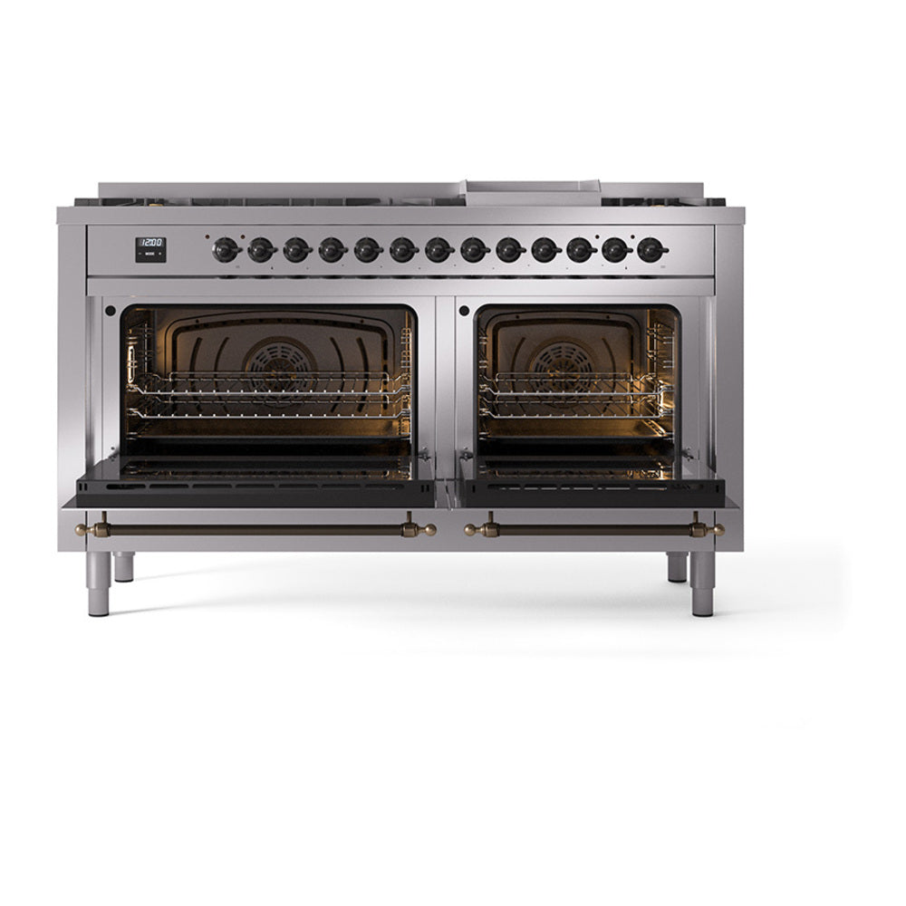 ILVE Nostalgie II 60-Inch Propane Dual Fuel Range, 9 Burners, Griddle, Solid Door Oven, Stainless Steel with Burnished Bronze Trim (UP60FQNMPSSBLP)