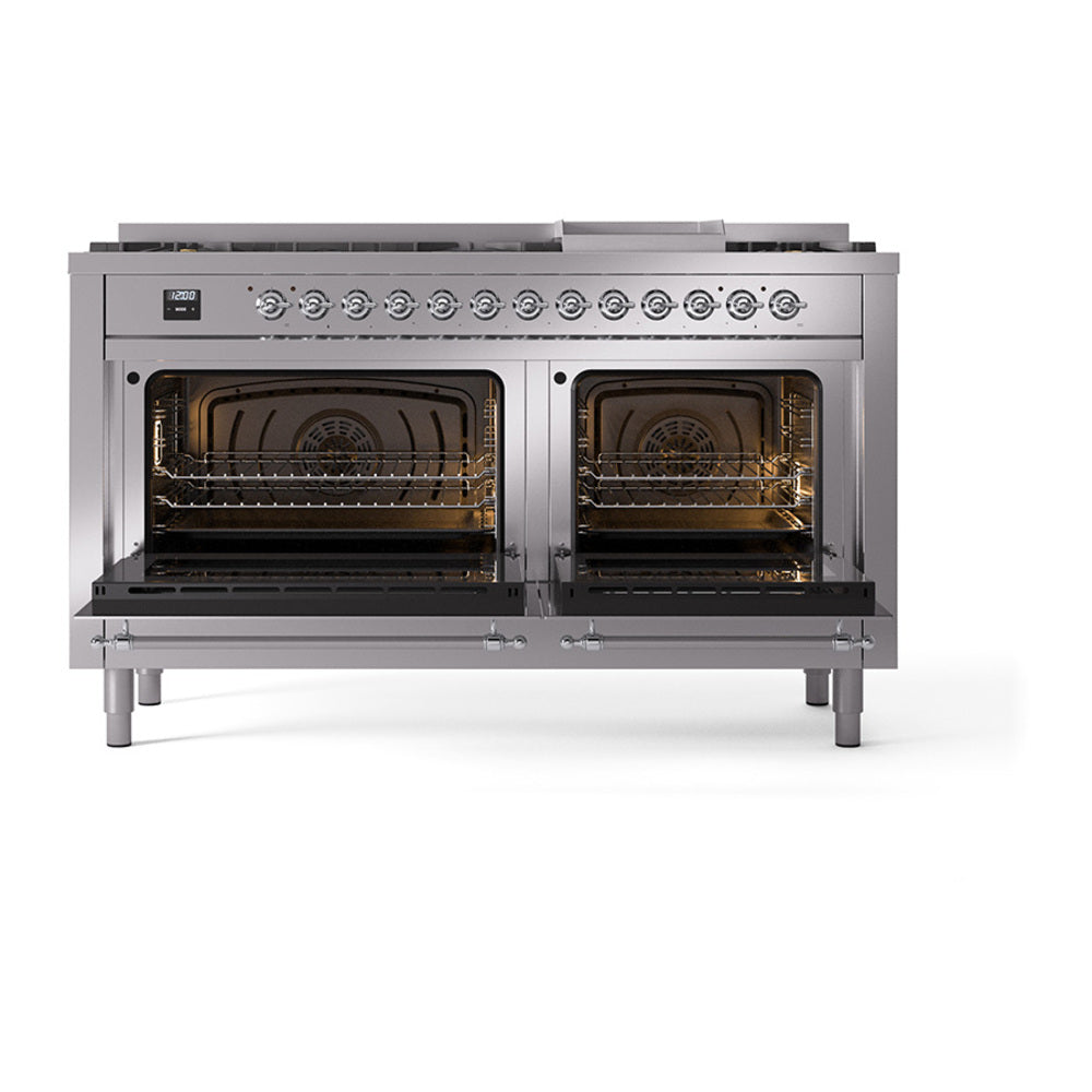 ILVE Nostalgie II 60-Inch Propane Dual Fuel Range, 9 Burners, Griddle, Solid Door Oven, Stainless Steel with Chrome Trim (UP60FQNMPSSCLP)