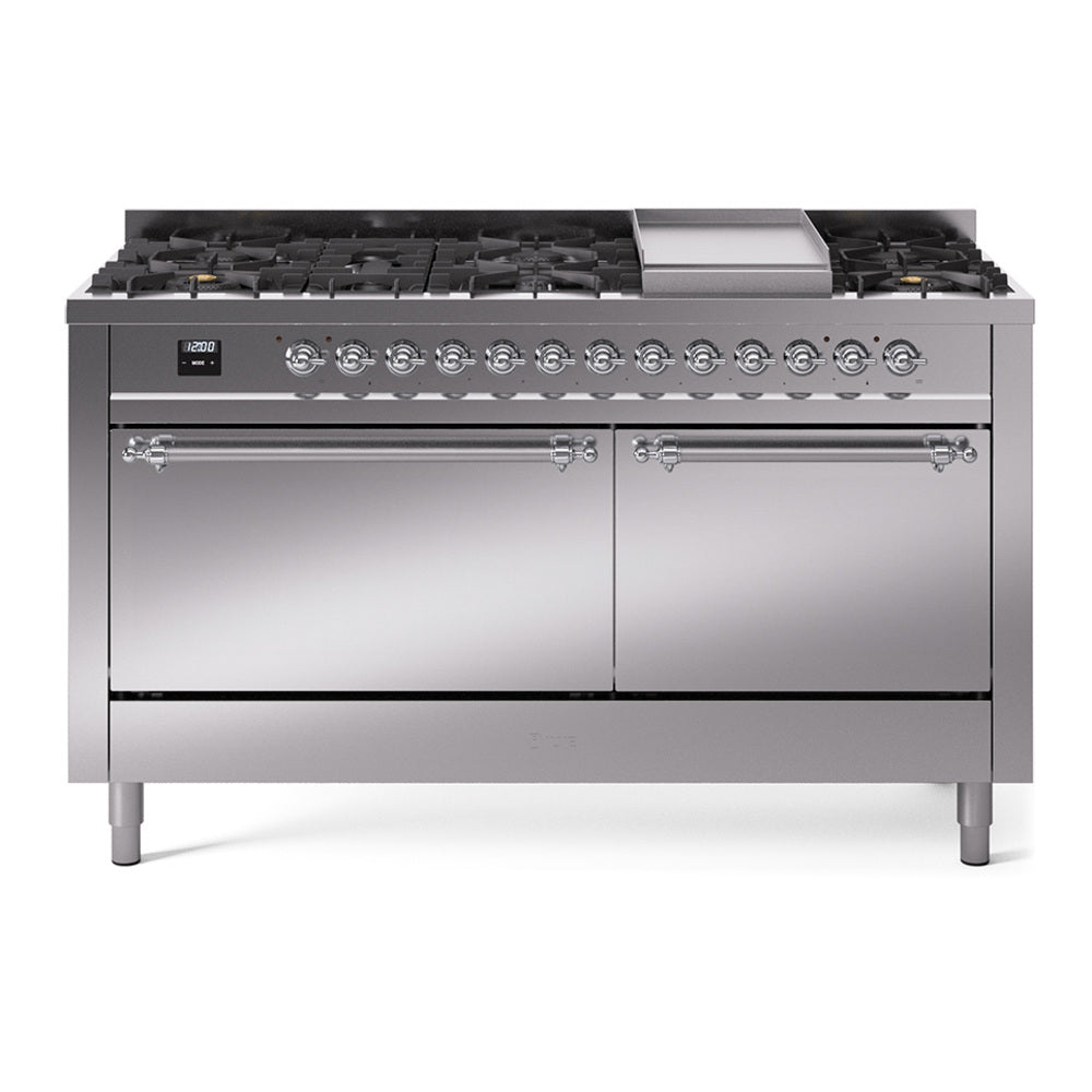ILVE Nostalgie II 60-Inch Propane Dual Fuel Range, 9 Burners, Griddle, Solid Door Oven, Stainless Steel with Chrome Trim (UP60FQNMPSSCLP)