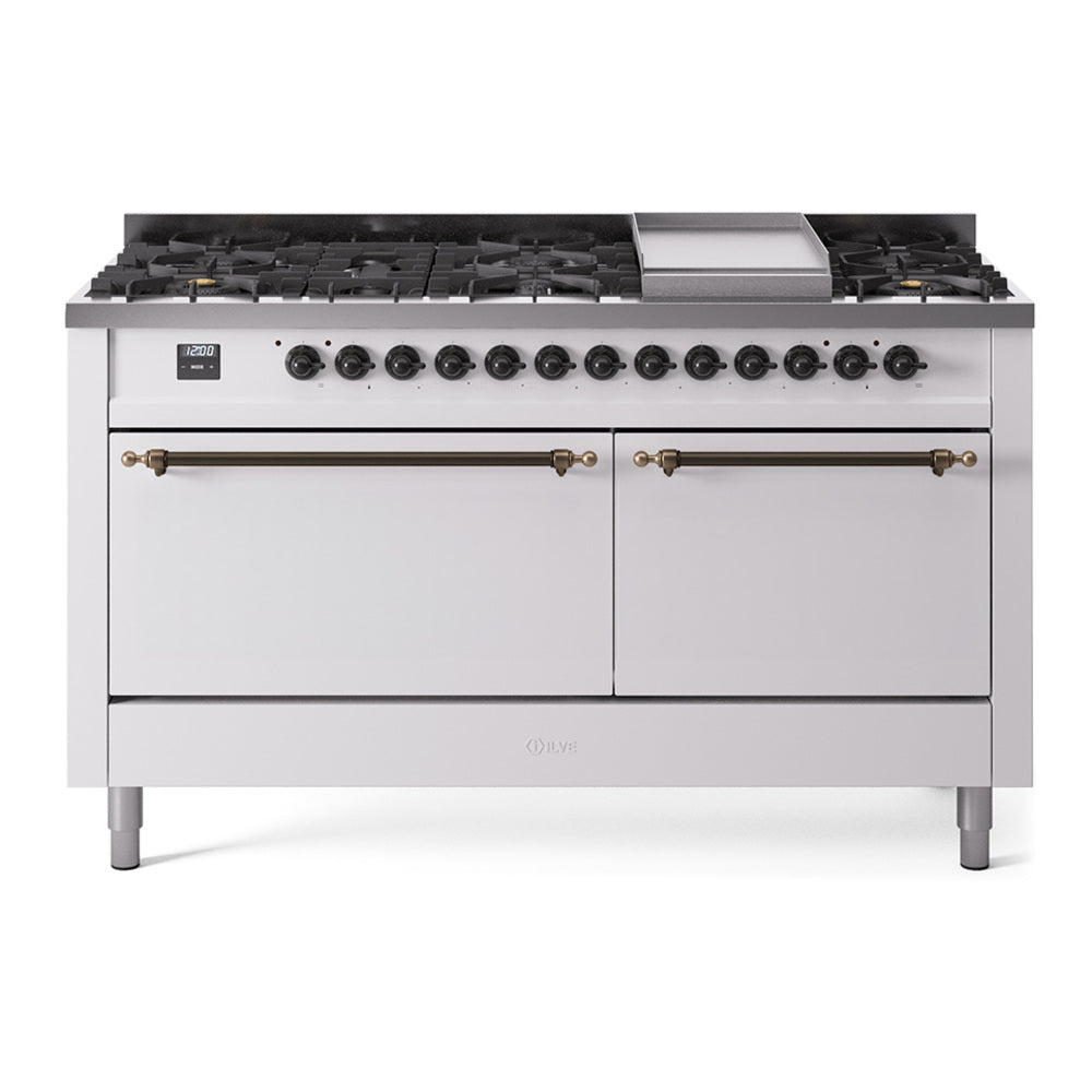 ILVE Nostalgie II 60-Inch Natural Gas Dual Fuel Range, 9 Burners, Griddle, Solid Door, White with Burnished Bronze Trim (UP60FQNMPWHB)