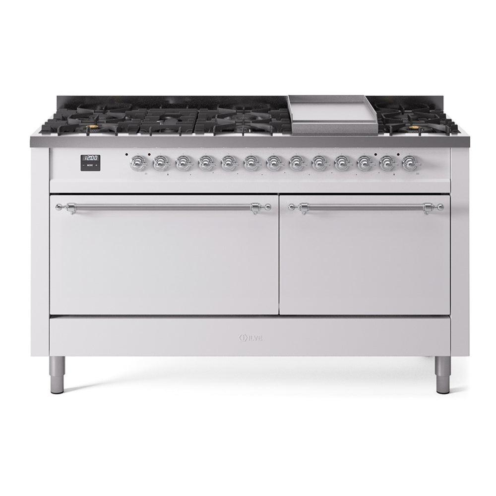 ILVE Nostalgie II 60-Inch Propane Dual Fuel Range, 9 Burners, Griddle, Solid Door Oven, White with Chrome Trim (UP60FQNMPWHCLP)