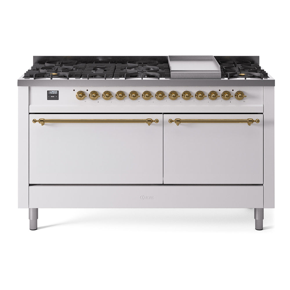 ILVE Nostalgie II 60-Inch Propane Dual Fuel Range, 9 Burners, Griddle, Solid Door Oven, White with Brass Trim (UP60FQNMPWHGLP)