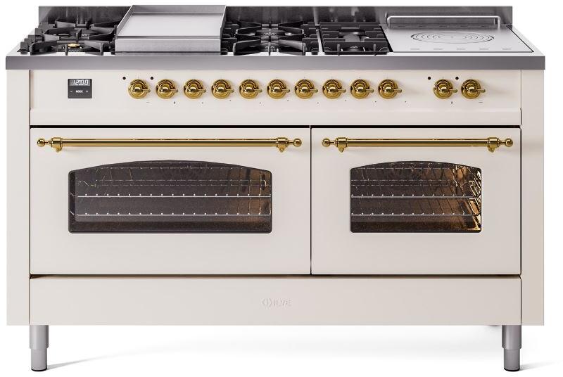 ILVE Nostalgie II 60-Inch Propane Dual Fuel Range, 7 Burners, Griddle, French Top, Triple Glass Door, Antique White with Brass Trim (UP60FSNMPAWGLP)