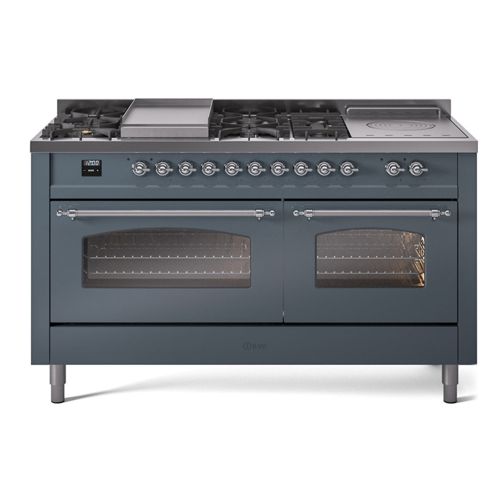 ILVE Nostalgie II 60-Inch Natural Gas Dual Fuel Range, 7 Burners, Griddle, French Top, Triple Glass Door, Blue Grey with Chrome Trim (UP60FSNMPBGC)