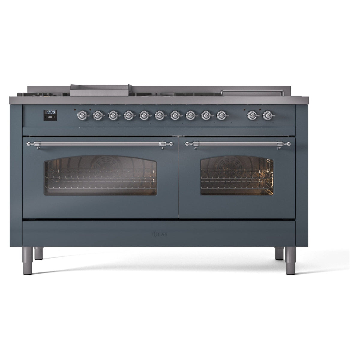 ILVE Nostalgie II 60-Inch Propane Dual Fuel Range, 7 Burners, Griddle, French Top, Triple Glass Door, Blue Grey with Chrome Trim (UP60FSNMPBGCLP)