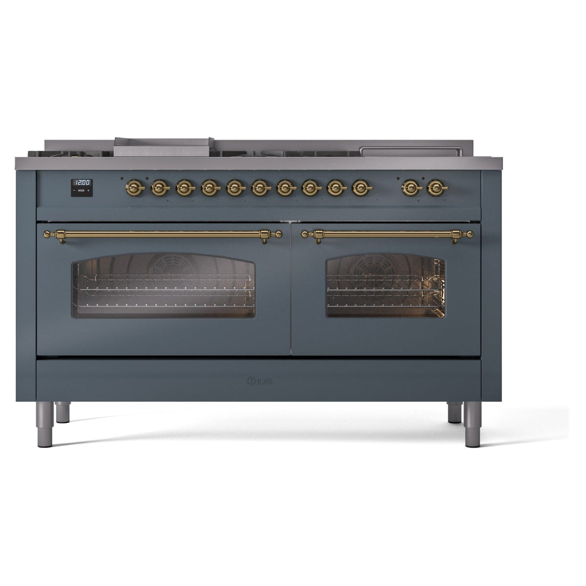 ILVE Nostalgie II 60-Inch Natural Gas Dual Fuel Range, 7 Burners, Griddle, French Top, Triple Glass Door, Blue Grey with Brass Trim (UP60FSNMPBGG)