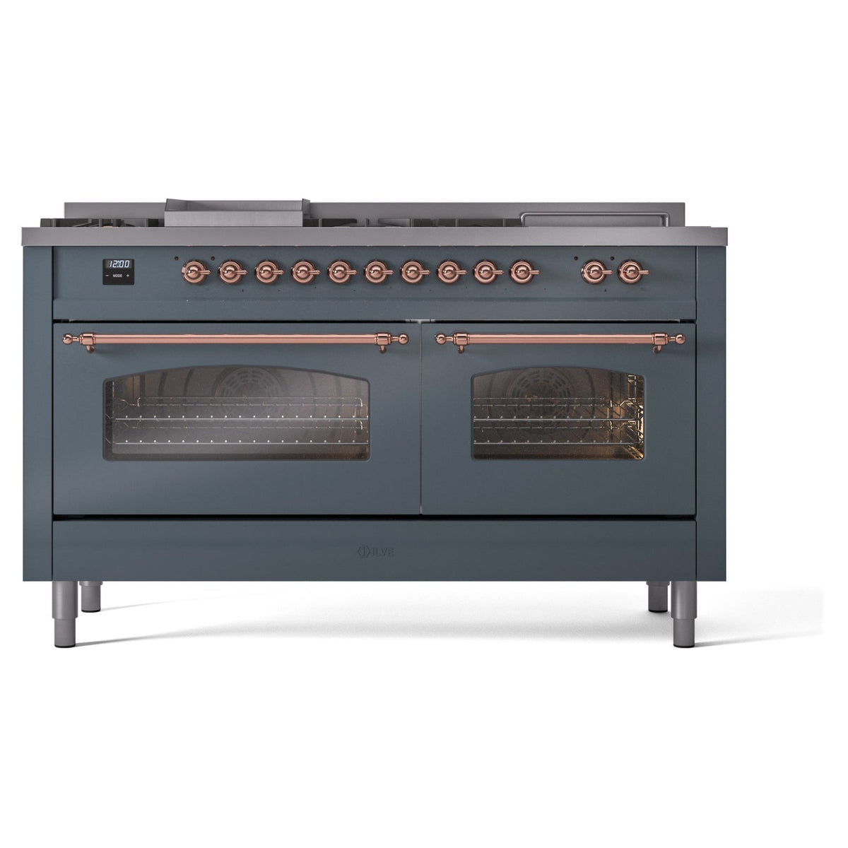 ILVE Nostalgie II 60-Inch Propane Dual Fuel Range, 7 Burners, Griddle, French Top, Triple Glass Door, Blue Grey with Copper Trim (UP60FSNMPBGPLP)