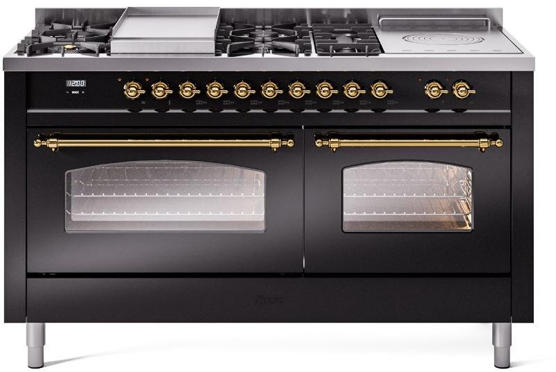 ILVE Nostalgie II 60-Inch Propane Dual Fuel Range, 7 Burners, Griddle, French Top, Triple Glass Door, Glossy Black with Brass Trim (UP60FSNMPBKGLP)