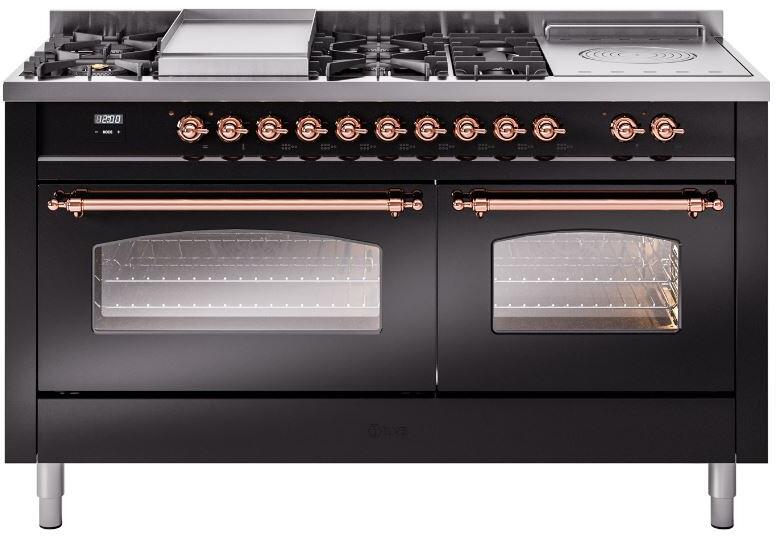 ILVE Nostalgie II 60-Inch Propane Dual Fuel Range, 7 Burners, Griddle, French Top, Triple Glass Door, Glossy Black with Copper Trim (UP60FSNMPBKPLP)