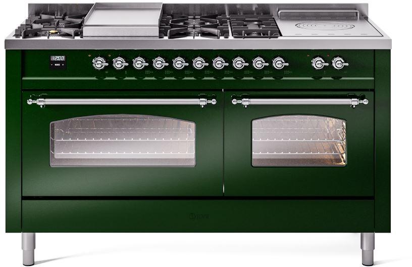 ILVE Nostalgie II 60-Inch Propane Dual Fuel Range, 7 Burners, Griddle, French Top, Triple Glass Door, Emerald Green with Chrome Trim (UP60FSNMPEGCLP)