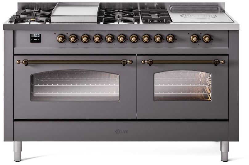 ILVE Nostalgie II 60-Inch Propane Dual Fuel Range, 7 Burners, Griddle, French Top, Matte Graphite with Burnished Bronze Trim (UP60FSNMPMGBLP)