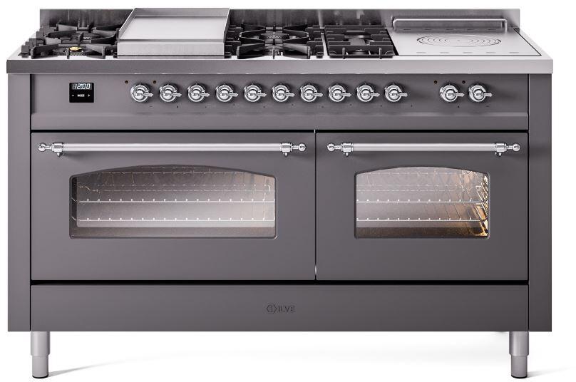 ILVE Nostalgie II 60-Inch Propane Dual Fuel Range, 7 Burners, Griddle, French Top, Triple Glass Door, Matte Graphite with Chrome Trim (UP60FSNMPMGCLP)