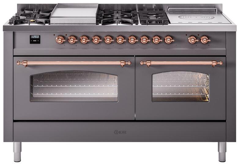 ILVE Nostalgie II 60-Inch Propane Dual Fuel Range, 7 Burners, Griddle, French Top, Triple Glass Door, Matte Graphite with Copper Trim (UP60FSNMPMGPLP)