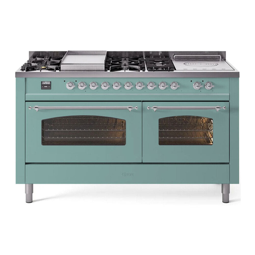 ILVE Nostalgie II 60-Inch NG Dual Fuel Range, 7 Burners, Griddle, French Top, Triple Glass Door, Mediterranean Mint with Chrome Trim (UP60FSNMPMMC)