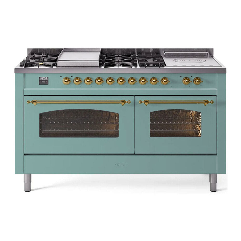 ILVE Nostalgie II 60-Inch LP Dual Fuel Range, 7 Burners, Griddle, French Top, Triple Glass Door, Mediterranean Mint with Brass Trim (UP60FSNMPMMGLP)