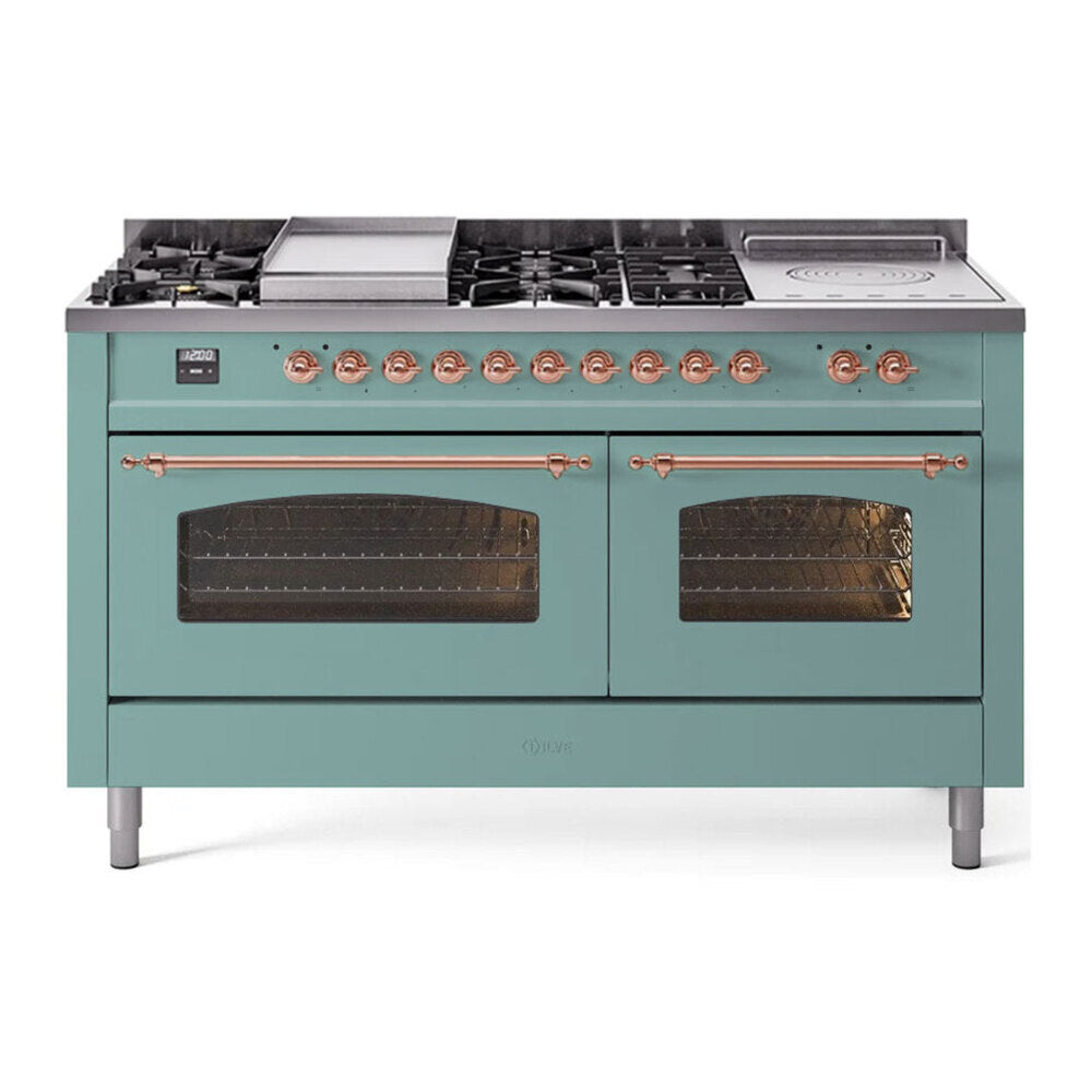 ILVE Nostalgie II 60-Inch Propane Dual Fuel Range, 7 Burners, Griddle, French Top, Mediterranean Mint with Copper Trim (UP60FSNMPMMPLP)