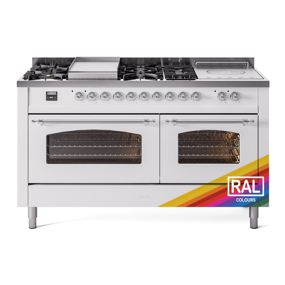 ILVE Nostalgie II 60-Inch Natural Gas Dual Fuel Range, 7 Burners, Griddle, French Top, Triple Glass Door, Custom RAL with Chrome Trim (UP60FSNMPRAC)