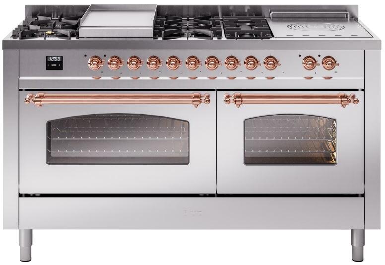 ILVE Nostalgie II 60-Inch LP Dual Fuel Range, 7 Burners, Griddle, French Top, Triple Glass Door, Stainless Steel with Copper Trim (UP60FSNMPSSPLP)
