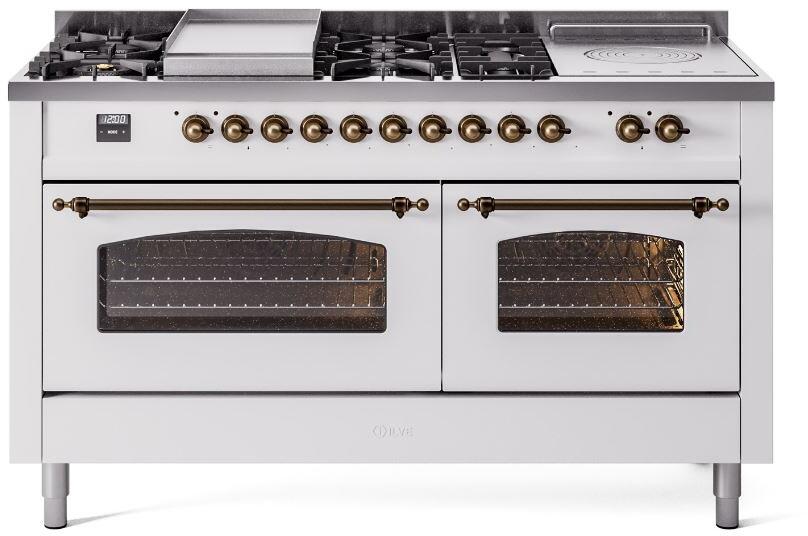 ILVE Nostalgie II 60-Inch NG Dual Fuel Range, 7 Burners, Griddle, French Top, Triple Glass Door, White with Burnished Bronze Trim (UP60FSNMPWHB)
