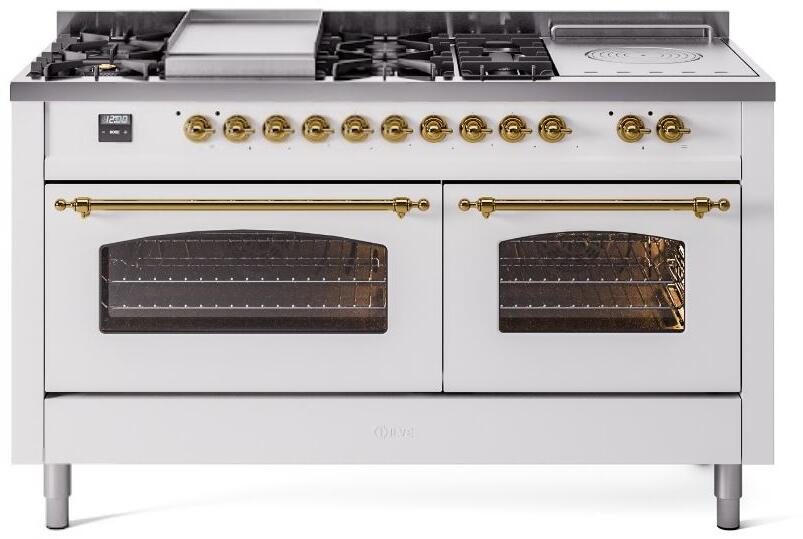 ILVE Nostalgie II 60-Inch Natural Gas Dual Fuel Range, 7 Burners, Griddle, French Top, Triple Glass Door, White with Brass Trim (UP60FSNMPWHG)