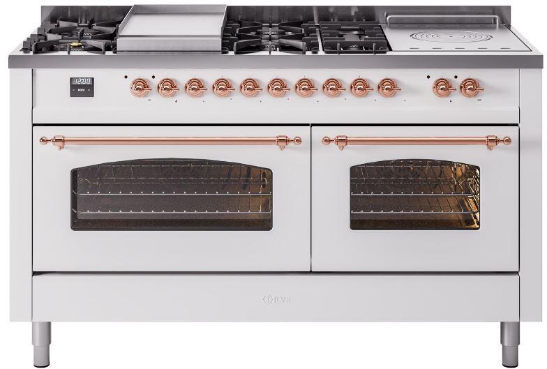 ILVE Nostalgie II 60-Inch Natural Gas Dual Fuel Range, 7 Burners, Griddle, French Top, Triple Glass Door, White with Copper Trim (UP60FSNMPWHP)