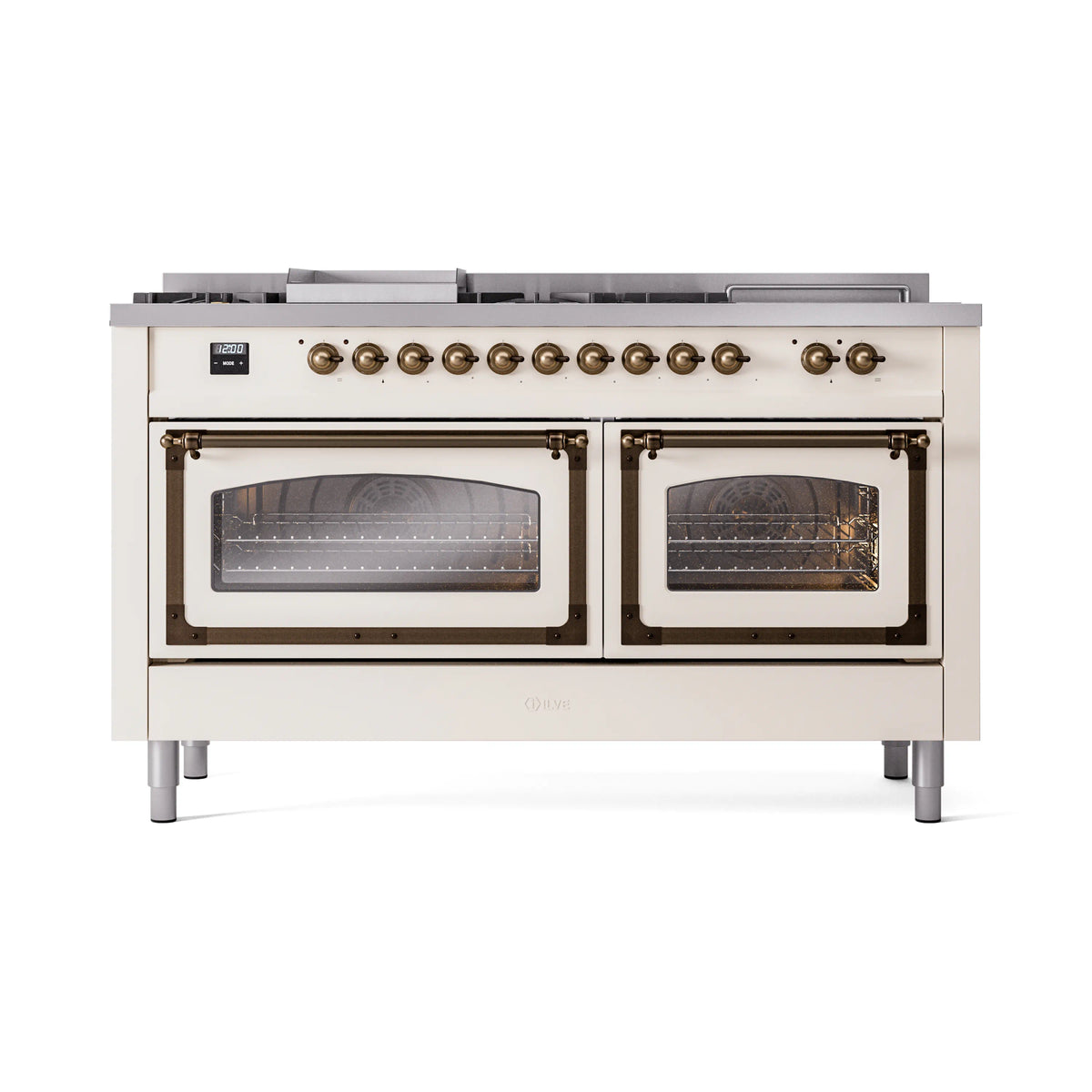 ILVE Nostalgie II Noblesse 60-Inch Natural Gas Dual Fuel Range, 7 Burners, Griddle, Antique White with Burnished Bronze Trim (UN60FSNMPAWB)