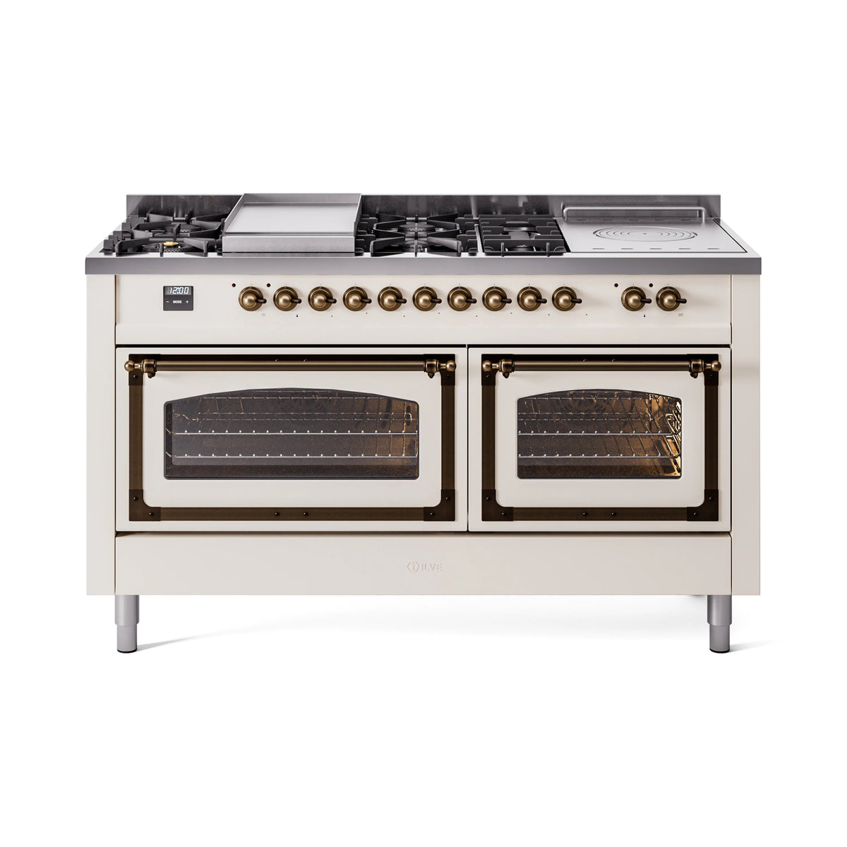 ILVE Nostalgie II Noblesse 60-Inch Propane Dual Fuel Range, 7 Burners, French Top, Antique White with Burnished Bronze Trim (UN60FSNMPAWBLP)