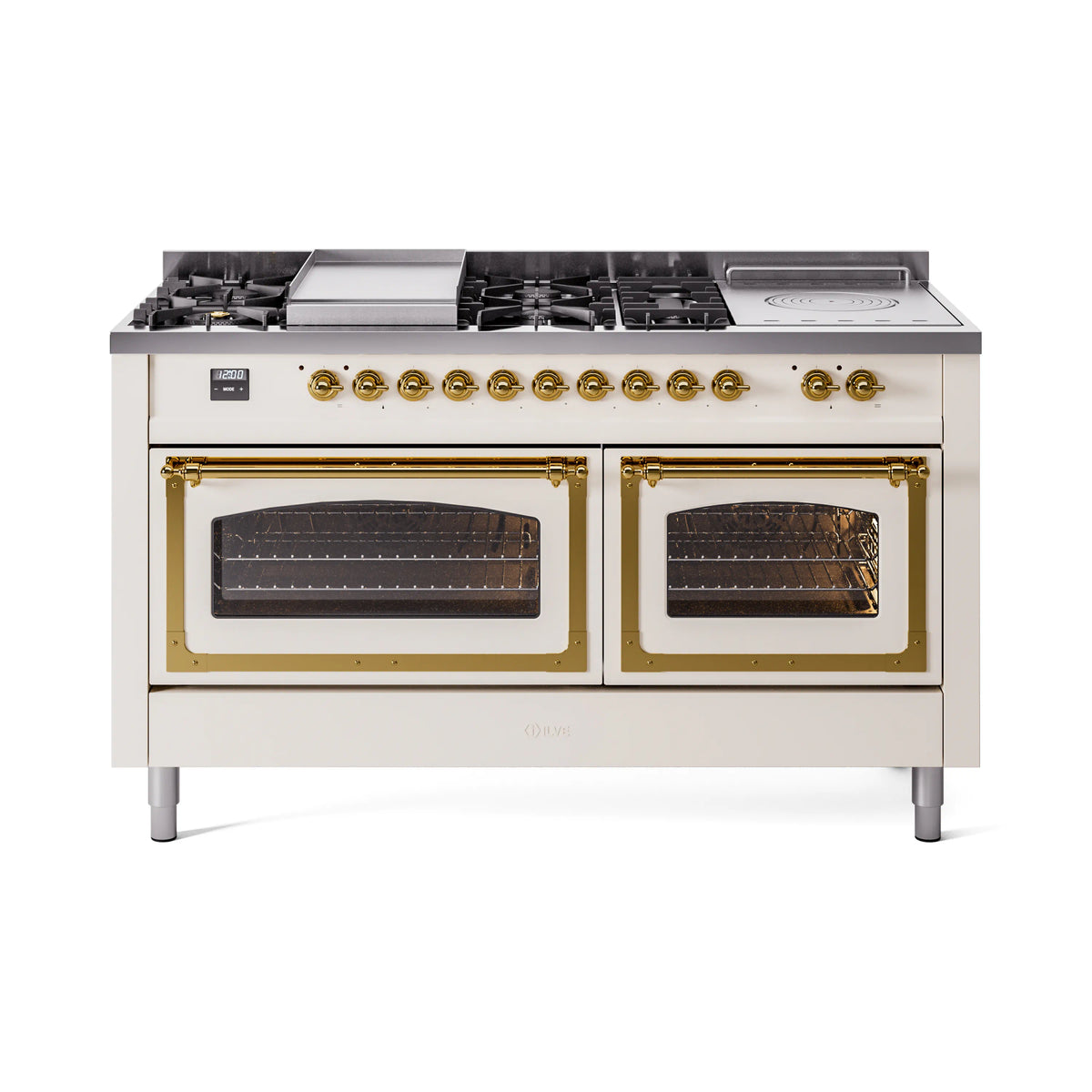 ILVE Nostalgie II Noblesse 60-Inch Propane Dual Fuel Range, 7 Burners, French Top, Antique White with Brass Trim (UN60FSNMPAWGLP)