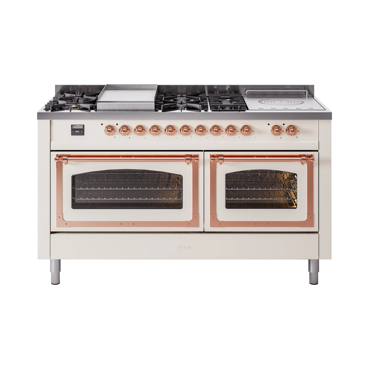 ILVE Nostalgie II Noblesse 60-Inch Natural Gas Dual Fuel Range, 7 Burners, Griddle, French Top, Antique White with Copper Trim (UN60FSNMPAWP)