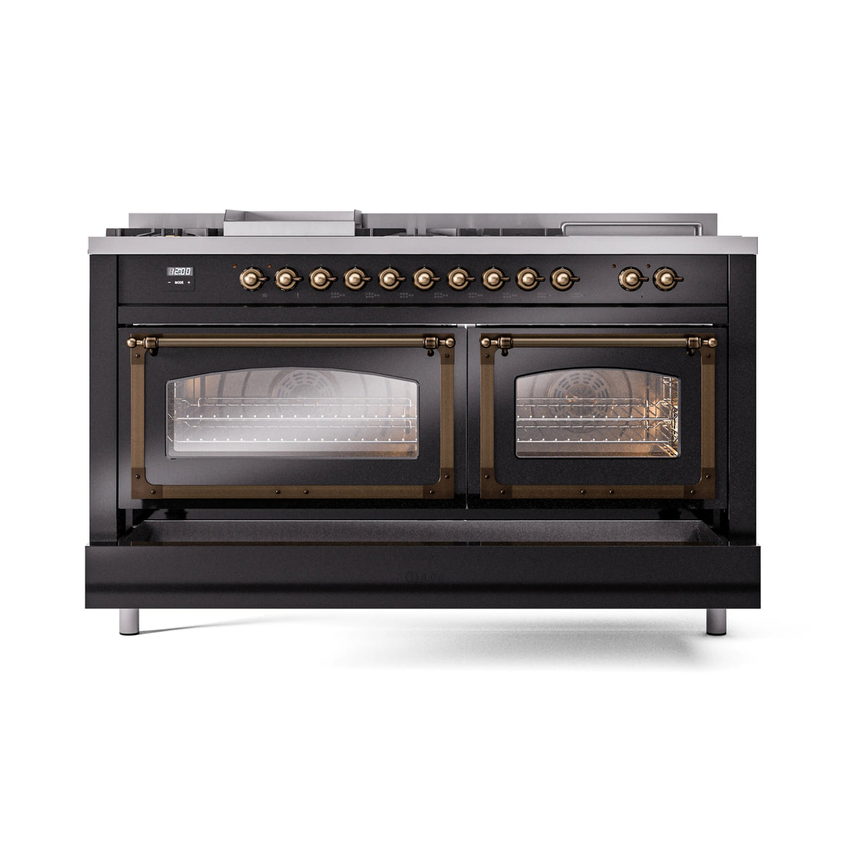 ILVE Nostalgie II Noblesse 60-Inch Natural Gas Dual Fuel Range, 7 Burners, Griddle, Glossy Black with Burnished Bronze Trim (UN60FSNMPBKB)