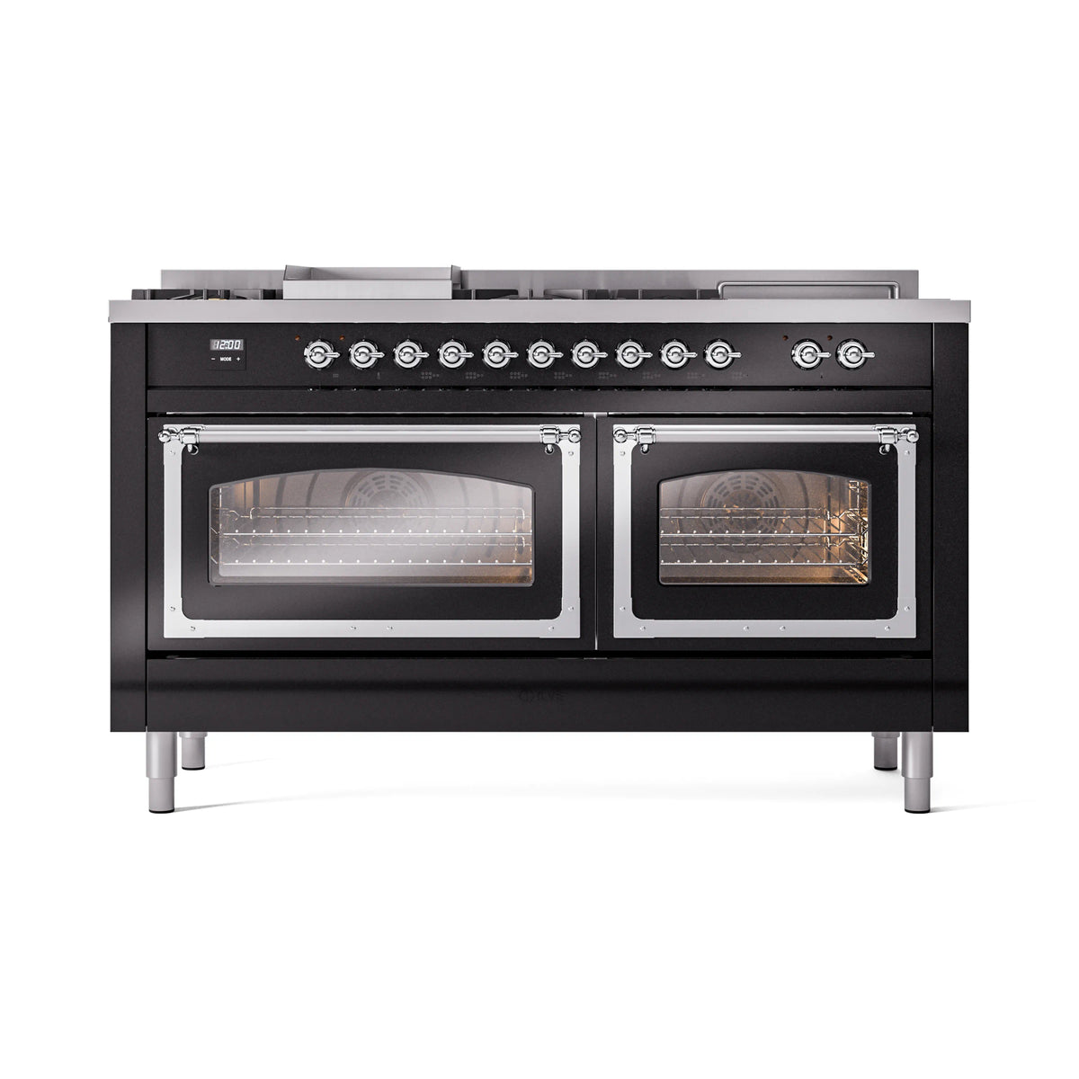ILVE Nostalgie II Noblesse 60-Inch Natural Gas Dual Fuel Range, 7 Burners, Griddle, French Top, Glossy Black with Chrome Trim (UN60FSNMPBKC)