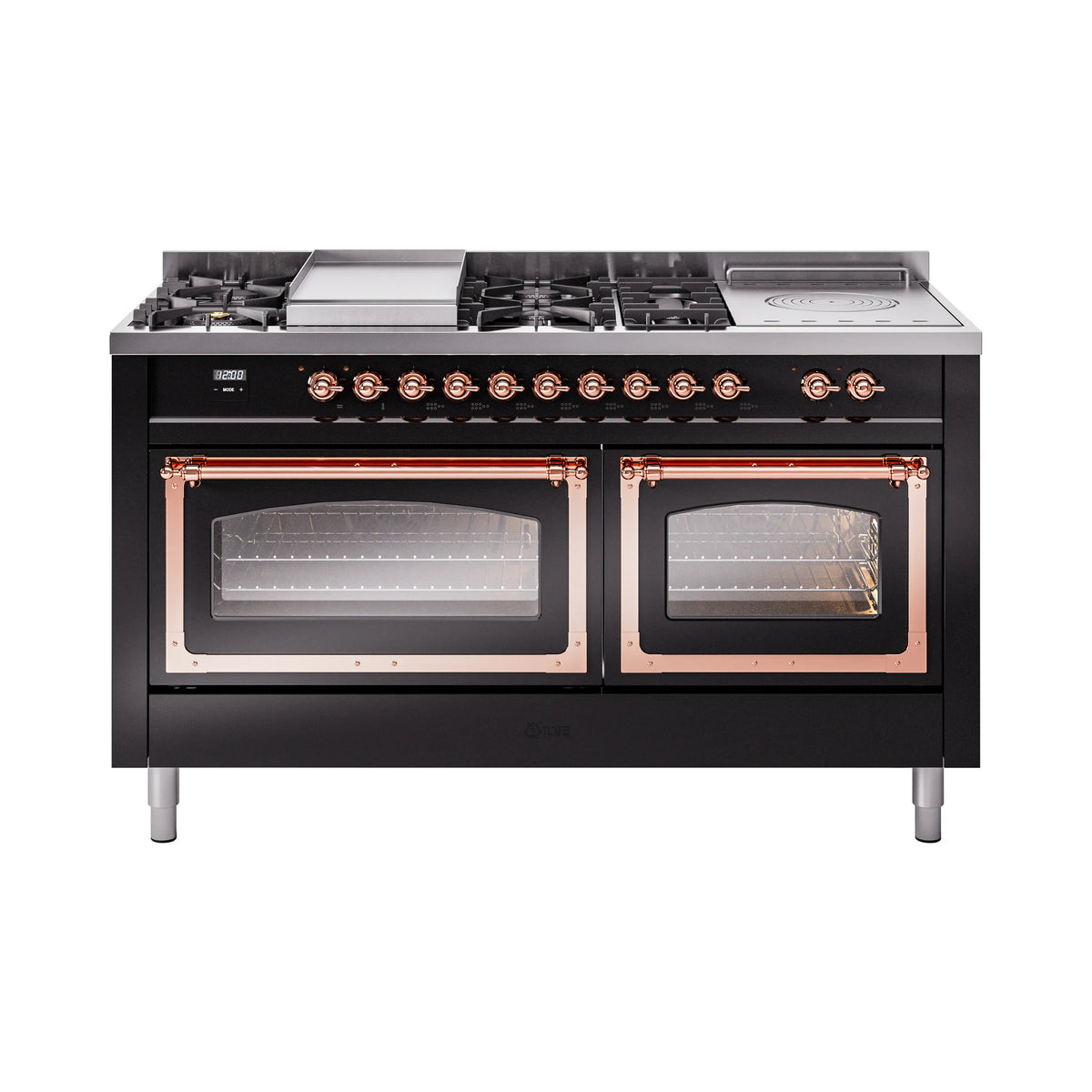 ILVE Nostalgie II Noblesse 60-Inch Propane Dual Fuel Range, 7 Burners, French Top, Glossy Black with Copper Trim (UN60FSNMPBKPLP)