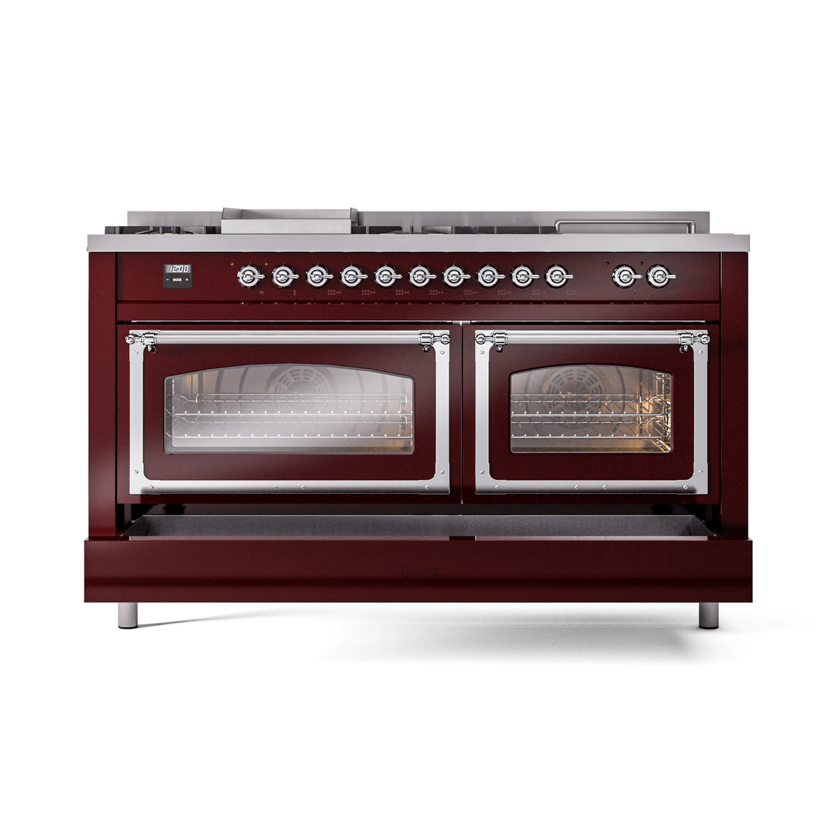 ILVE Nostalgie II Noblesse 60-Inch Natural Gas Dual Fuel Range, 7 Burners, Griddle, French Top, Burgundy with Chrome Trim (UN60FSNMPBUC)