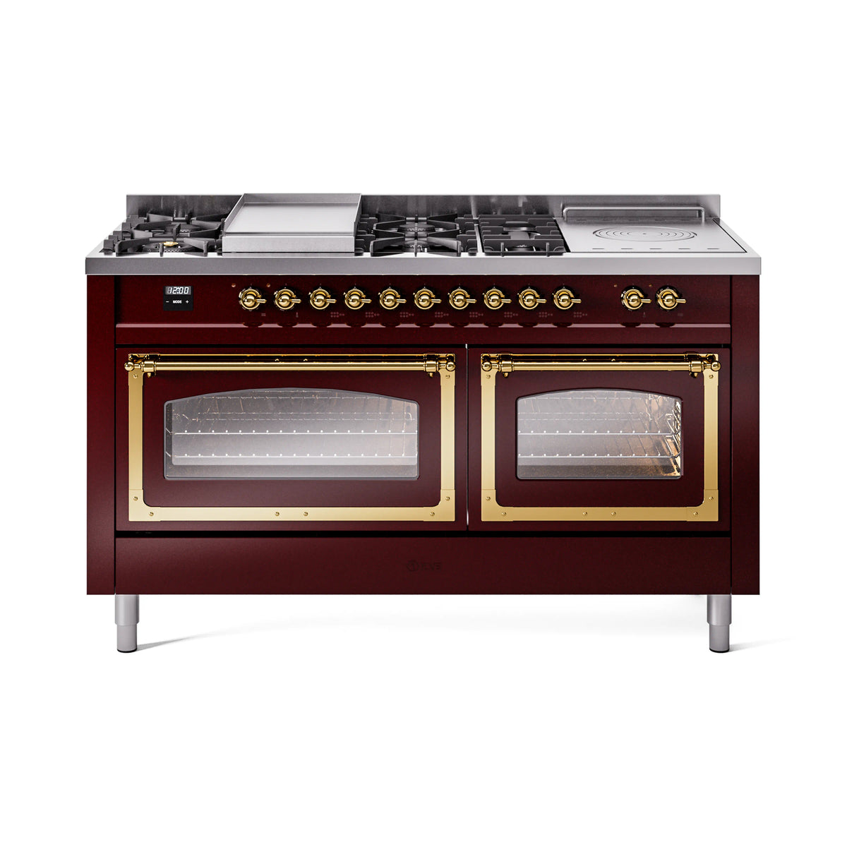 ILVE Nostalgie II Noblesse 60-Inch Natural Gas Dual Fuel Range, 7 Burners, Griddle, French Top, Burgundy with Brass Trim (UN60FSNMPBUG)