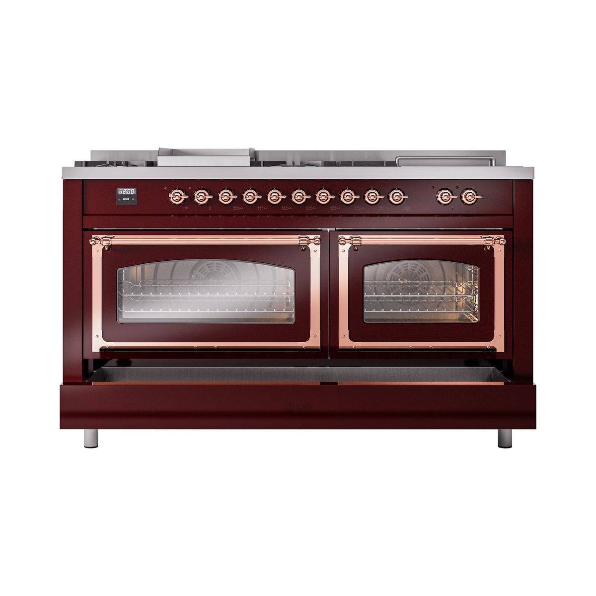 ILVE Nostalgie II Noblesse 60-Inch Propane Dual Fuel Range, 7 Burners, French Top, Burgundy with Copper Trim (UN60FSNMPBUPLP)