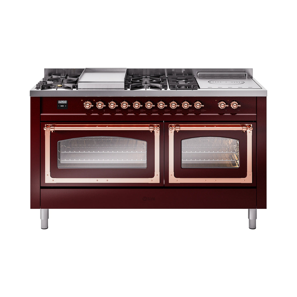 ILVE Nostalgie II Noblesse 60-Inch Propane Dual Fuel Range, 7 Burners, French Top, Burgundy with Copper Trim (UN60FSNMPBUPLP)