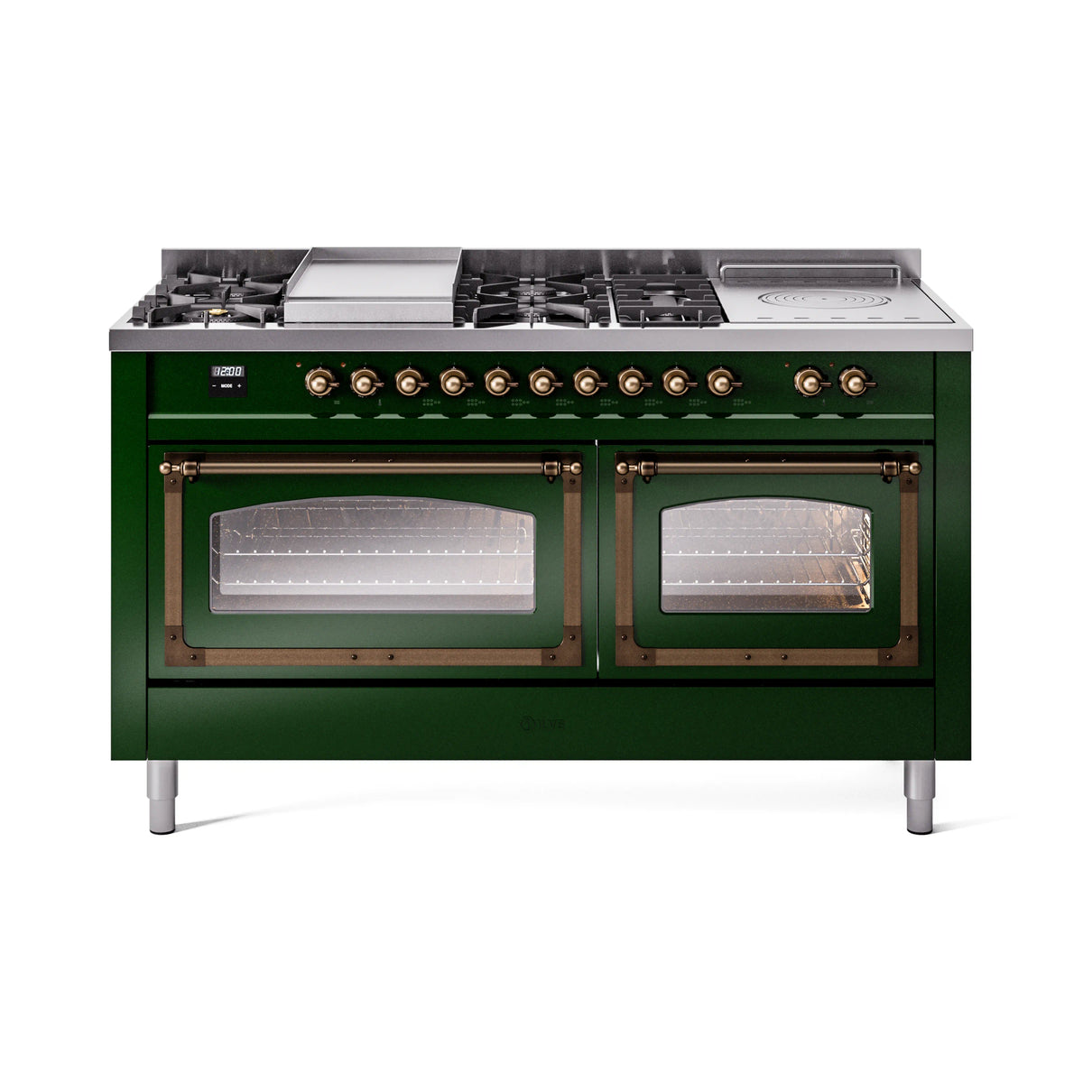 ILVE Nostalgie II Noblesse 60-Inch Propane Dual Fuel Range, 7 Burners, French Top, Emerald Green with Burnished Bronze Trim (UN60FSNMPEGBLP)