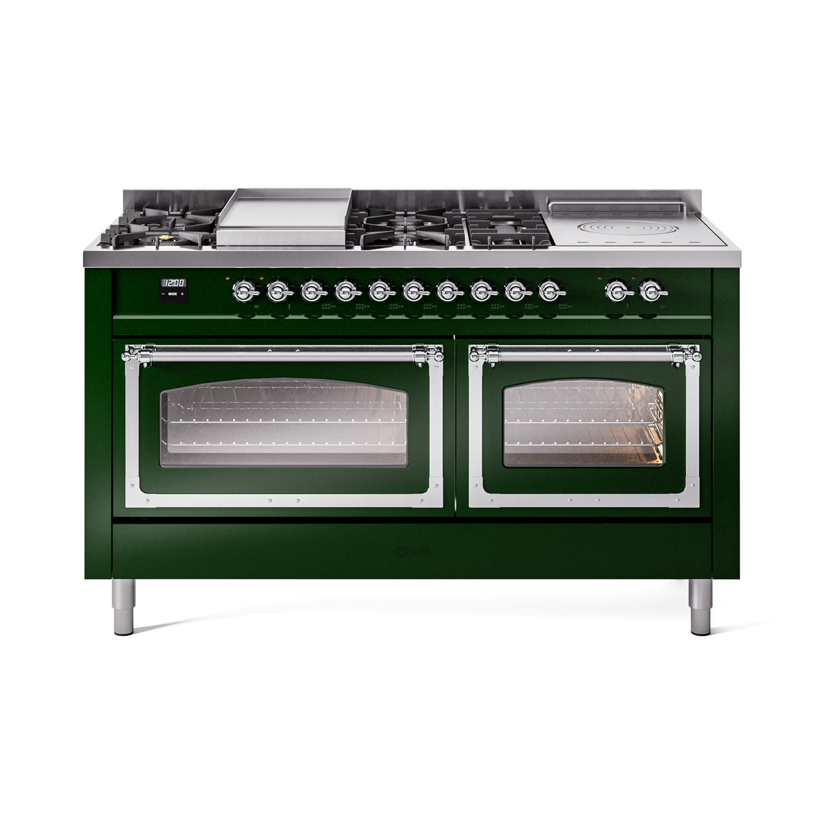 ILVE Nostalgie II Noblesse 60-Inch Natural Gas Dual Fuel Range, 7 Burners, Griddle, French Top, Emerald Green with Chrome Trim (UN60FSNMPEGC)