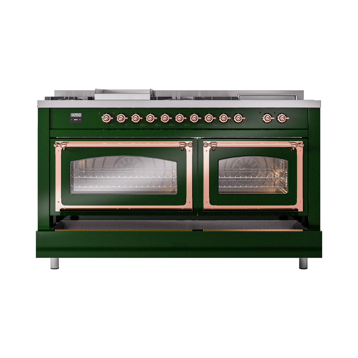 ILVE Nostalgie II Noblesse 60-Inch Propane Dual Fuel Range, 7 Burners, French Top, Emerald Green with Copper Trim (UN60FSNMPEGPLP)