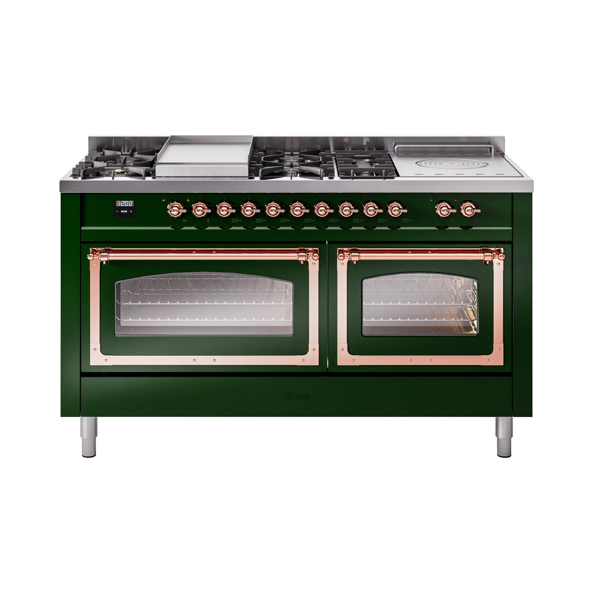 ILVE Nostalgie II Noblesse 60-Inch Propane Dual Fuel Range, 7 Burners, French Top, Emerald Green with Copper Trim (UN60FSNMPEGPLP)