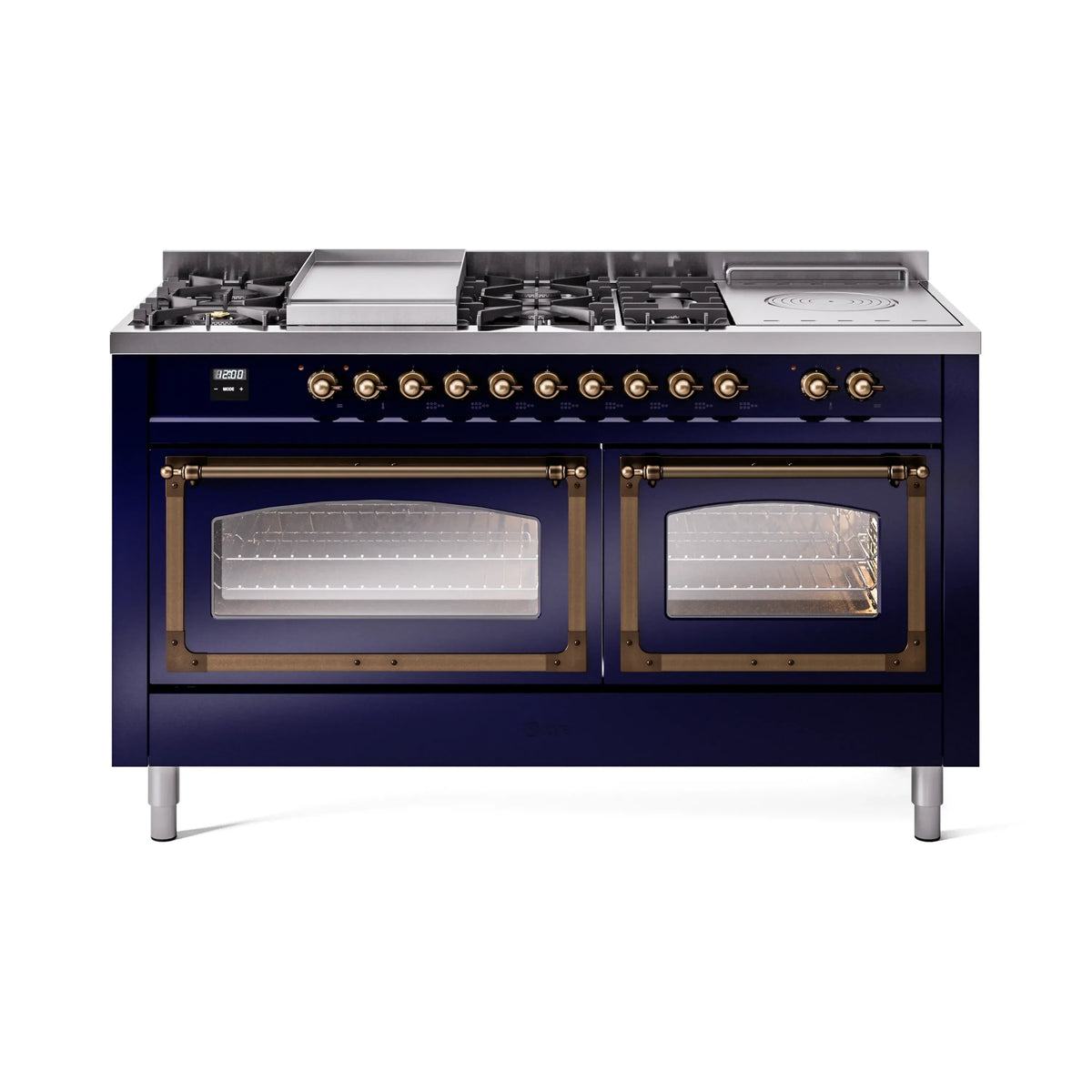 ILVE Nostalgie II Noblesse 60-Inch Natural Gas Dual Fuel Range, 7 Burners, Griddle, Midnight Blue with Burnished Bronze Trim (UN60FSNMPMBB)