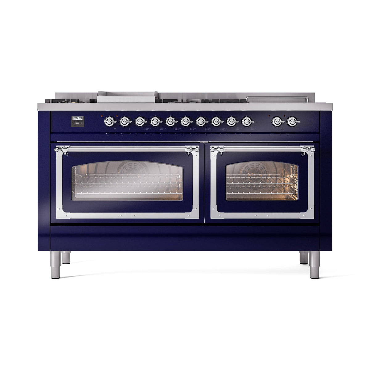 ILVE Nostalgie II Noblesse 60-Inch Dual Fuel Range, 7 Burners, Griddle, French Top, Midnight Blue with Chrome Trim (UN60FSNMPMBC)