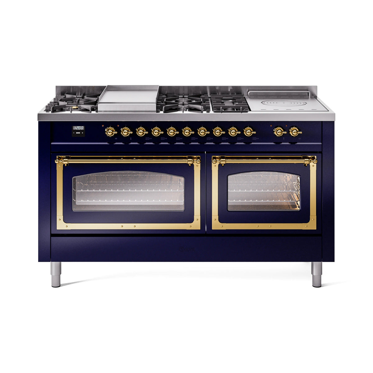 ILVE Nostalgie II Noblesse 60-Inch Propane Dual Fuel Range, 7 Burners, French Top, Midnight Blue with Brass Trim (UN60FSNMPMBGLP)